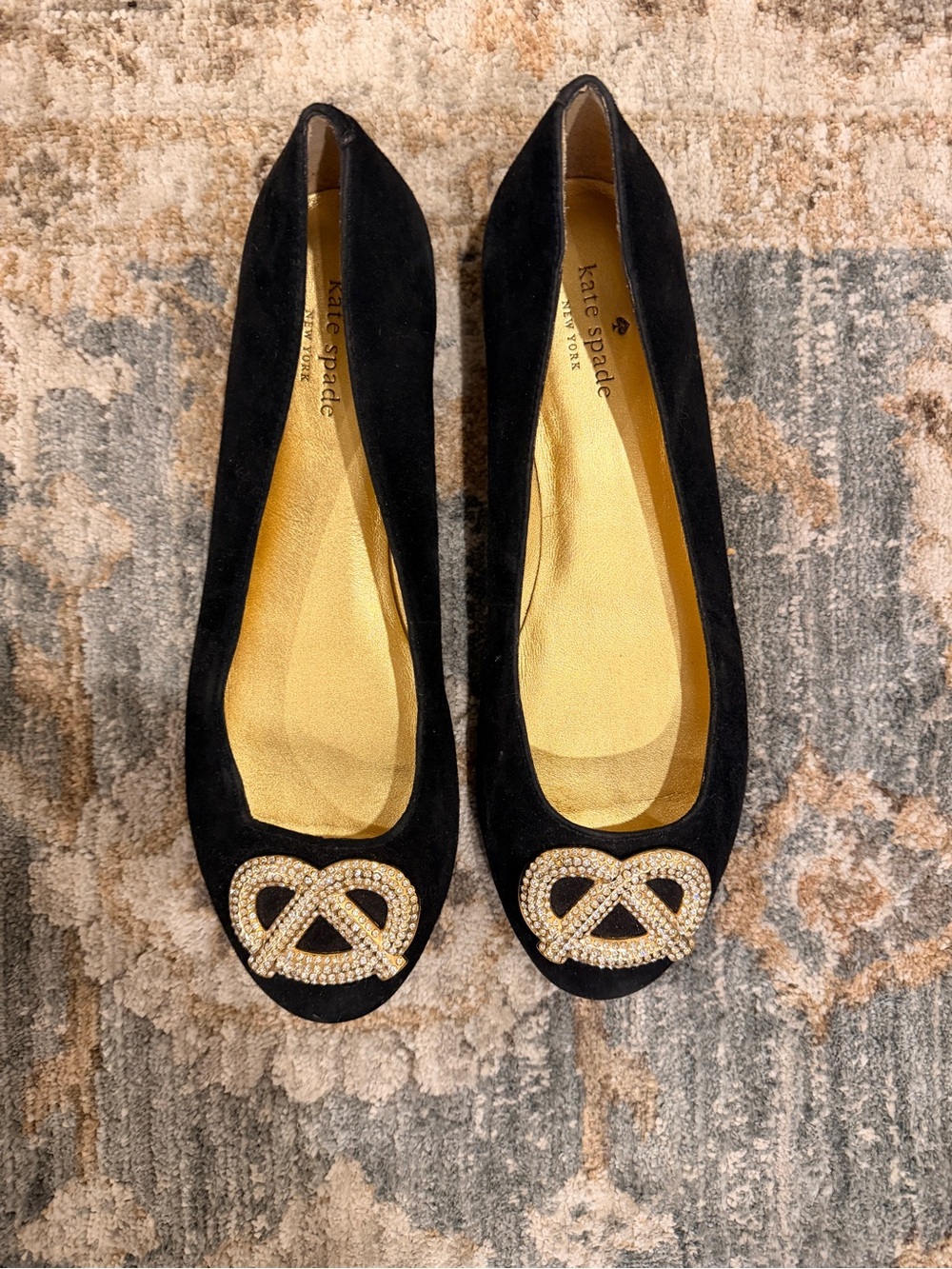 kate spade Black Suede Ballet Flats with Crystal Pretzel Accent